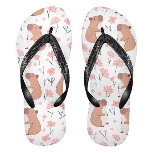 ALAZA Cute Capybara Floral Flip Flops for Women Fashion Beach Slippers Comfort Mens Flip Flops Non-Slip Rubber Shower Slippers Sandal for Hotel Travel Sport,XS