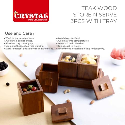 Image of Crystal Milano Premium Teak Wood Tray with 3 Bowls | Serve & Store | Ideal for Home & Restaurants | Handcrafted & Eco-Friendly