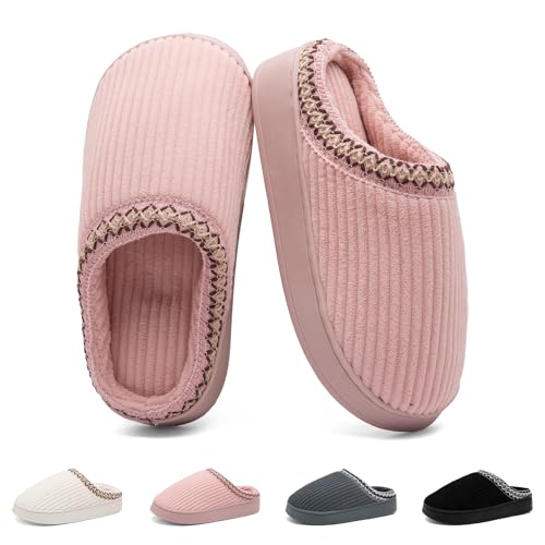Image of Slippers for Women&Men with Memory Foam Corduroy Closed Toe House Shoes Ladies Winter Warm Comfy Bedroom Women's Slipper Indoor and Outdoor Slip-on Rubber Sole