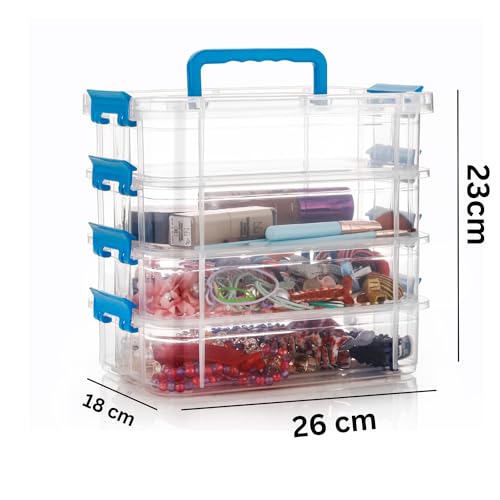 Image of plastic boxes for Storage transparent boxes for storage, Portable & Stackable Space Saving Organiser with Lid for Medicine, Jewelry, Arts & Crafts, Buttons, Beads (Blue, 4 TIER)