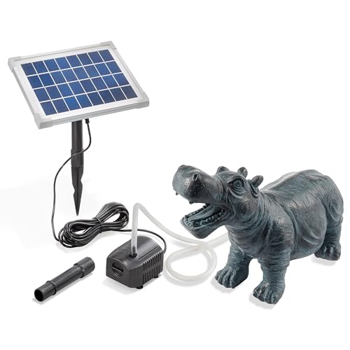 Esotec Solar Wasserspeier Set Hippo Nilpferd, Solarpumpe, Teichfigur Gartenfigur Gartenstatue, Tauchpumpe, Gartenbrunnen, Springbrunnen für außen Outdoor, Vogeltränke H=20cm 101658
