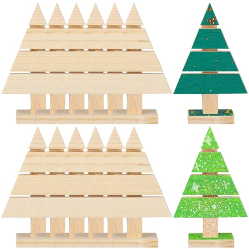 Geetery 12 Pcs Wooden Christmas Tree Standing Unfinished Wood Christmas