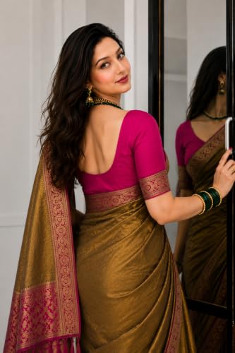 Image of Women's Glory Banarasi Satin Silk Saree with Rich Zari Woven Border & Pallu | Soft Glossy Party Fancy Traditional Saree for Wedding, Festive, Function | Blouse Piece Included