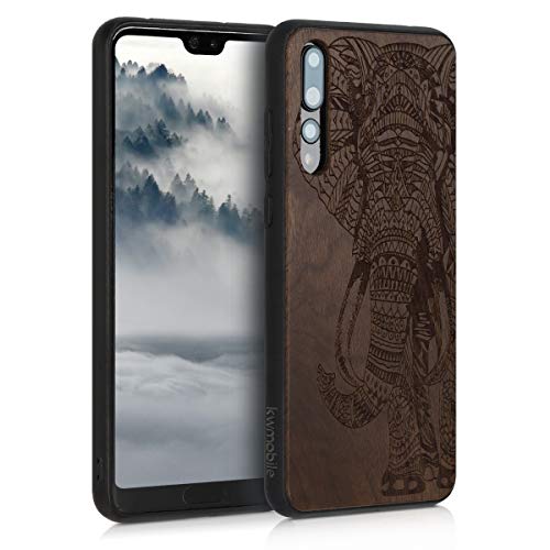 kwmobile Funda Compatible con Huawei P20 Pro - Funda de Madera de Nogal Elefante Tallado marrón Oscuro