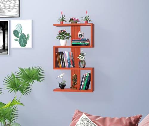 Image of Madhuran S Shape Engineered Wood Wall Mounted Decor Items Display Shelf (Teak)