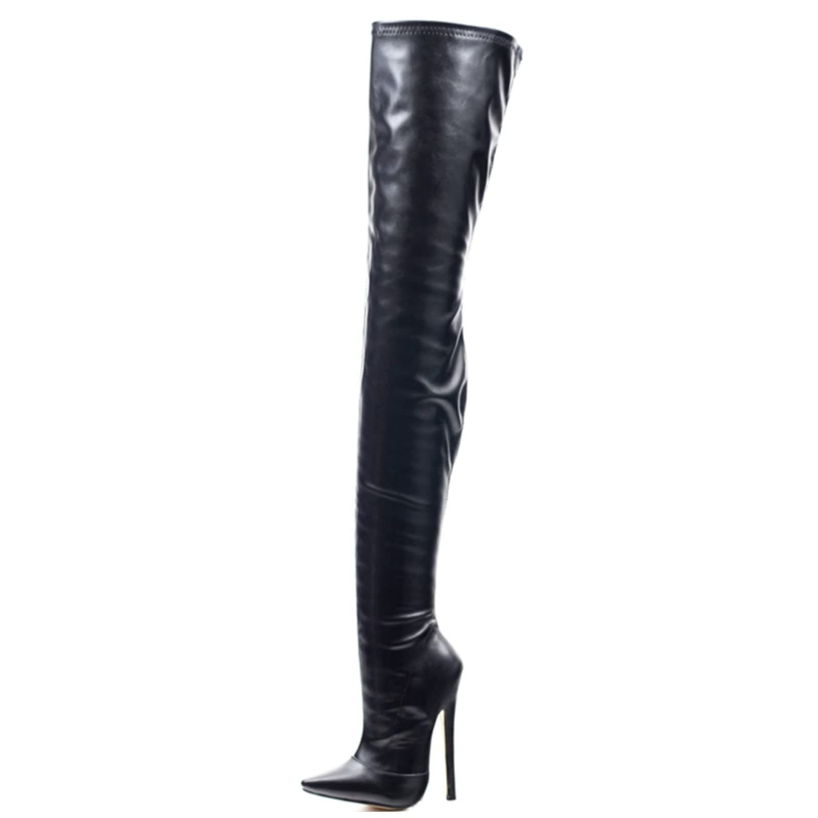Stivali Alti alla Coscia Rosa Moda Donna, Tacchi Alti da Ballo a Spillo da 18 cm, Stivali Lunghi a Punta a Punta, Scarpe da spogliarellista Esotiche Sexy,Matte Black,38