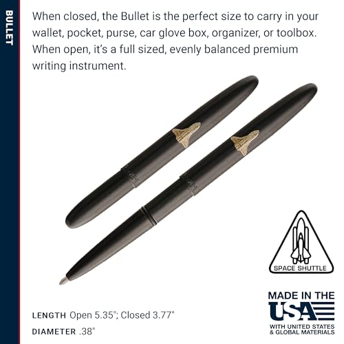 Image of Fisher Space Pen Matte Black Shuttle Emblem Bullet Pen, Pressurized Ballpoint Pen, Compact Size, Writes Upside Down, Extreme Temperatures, Smooth Black Ink, Medium Point, Gift Box, Made in USA