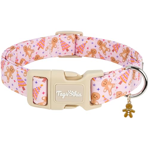 Tag4Oikia Christmas Dog Collar for Medium Dogs Adjustable Exquisite Pink Dog Collar with Christmas Gingerbread Man Cartoon Pattern Winter Holiday Pet Gift for Girl Boy Dogs-M
