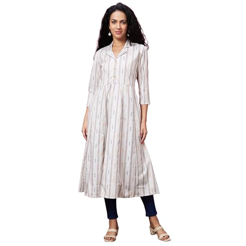 Image of Globus Women Green Casual Striped Lapel Shirt Collar 3 /4th Sleeve A-Line Kurta-3639791001