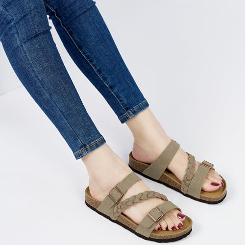 Image of HARENCE Flat Sandals for Women 2026 Comfort Cork Footbed with Adjustable Buckle Summer Slides for Women for Vacation Walking