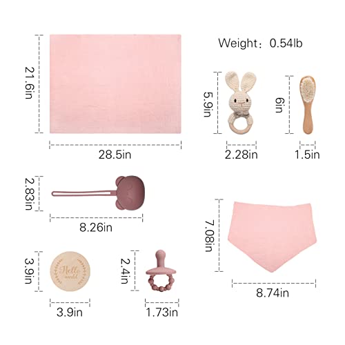 Baby Gift Set For Newborn,New Baby Bath Gift Set,7 Pcs Baby Essentials Shower Set With Bath Towel+Teether+Rattle Toy+Pacifier Bag+Drool Towel+Brush+Wooden Milestone For Boy & Girls(Pink) #TOP5
