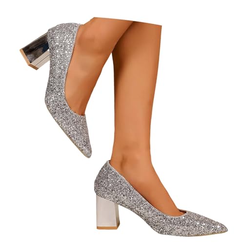 EQWIGKEIT Zapatos de tacón con purpurina para mujer, zapatos de baile de salón festivos, zapatos de novia cerrados, zapatos cómodos de tacón cuadrado, zapatos de tacón elegantes, zapatos de baile con