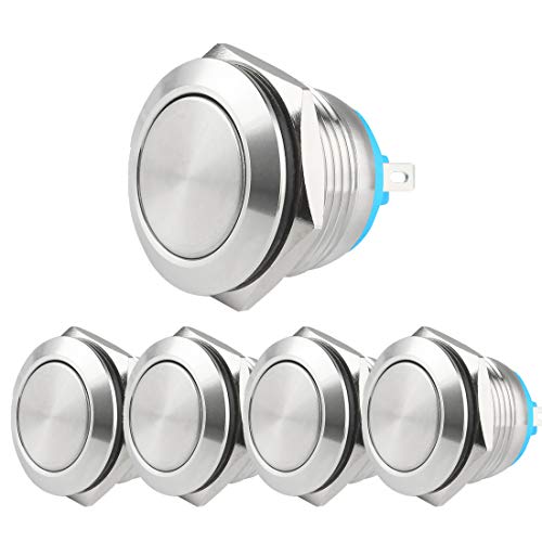 19mm Drücken Taster Druckknöpfe DIY Wasserdicht Momentan Push Button 1NO Edelstahlschale,5 Stücke JSANKG-17 (J Pin Terminal, Flachkopf)
