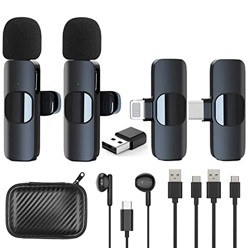 Micro Cravate sans Fil pour iPhone, Android et Ordinateur, 2.4GHz Mini Micro Telephone Portable,Wireless Lavalier Microphone Professionnel, Bluetooth Non Requis (2 émetteurs)