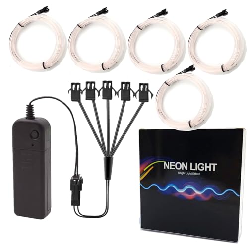 2M 5in1 Electroluminescence Neon Strip Light Wire, 4Mode onoff/Stay/Slow/Fast Flash EL Wire Lights Indoor Outdoor for Cosplay Dress Party Decoration(30 Ft 5Pack 6Ft White)