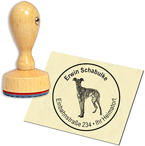 Stempel Adressstempel Holzstempel - Galgo Español - rund ∅ 40mm personalisiert als Firmenstempel Namensstempel Bürostempel