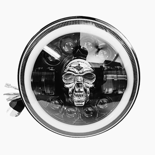 Skull LED Headlight | 75-90W CREE | 5-Color DRL | Latest 2023 CREE LED H4 Plug & Play Compatible With Royal Enfield, Thar, Gypsy