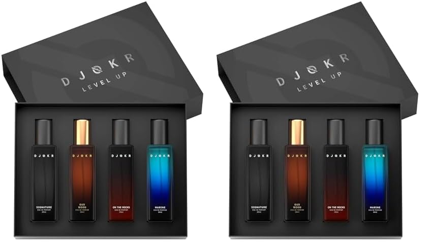 Djokr Perfume Gift Set for Men Pack of 8x20 ML | Eau De Parfum | Premium Luxury Long Lasting Fragrance Spray | Signature, On The Rocks, Oud Wood, Marine (4x20 ml)