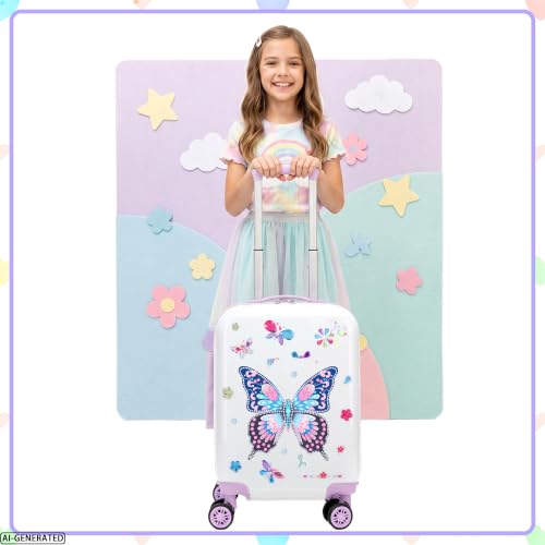 Esteemly Kids Luggage Sets Suitcase Set with Travel Pillow for Girls Butterfly Gem Stickers Small Suitcase with Wheels Hardshell Carry on Luggage for Airplane Travel Essential DIY Styles Purple by Esteemly - Used condition - Image 2