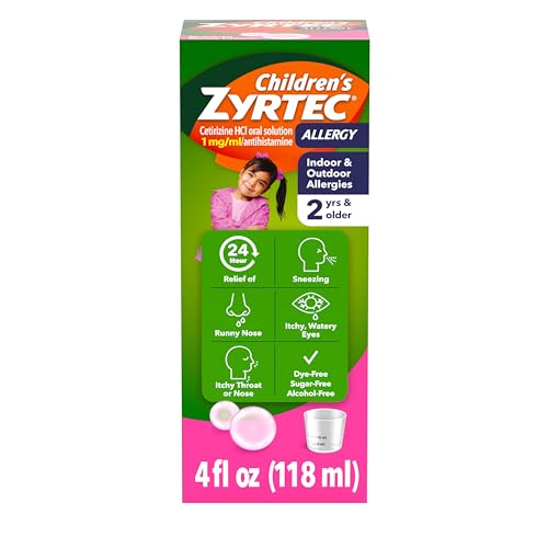 Children's Zyrtec 24 Hour Allergy Relief Syrup, Cetirizine Hydrochloride Antihistamine, Allergy Medicine for Indoor & Outdoor Allergy Relief, Dye- & Sugar-Free, Bubble Gum, 4 fl. oz