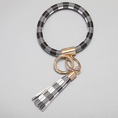 Coolcos Key Ring Bracelets Wristlet Keychain Bangle Keyring - Large Circle Leather Tassel Bracelet Holder For Women Gift (White Buffalo Plaid) - Thumbnail 7