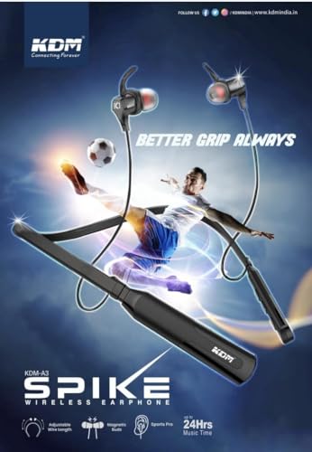Image of KDM A3 Spike Wireless Neckband Bluetooth Earphone Up to 24Hrs Music time, Sports Pro, Magnetic Buds, Adjustable Wire Length, Black (KDM-A3 Spike)