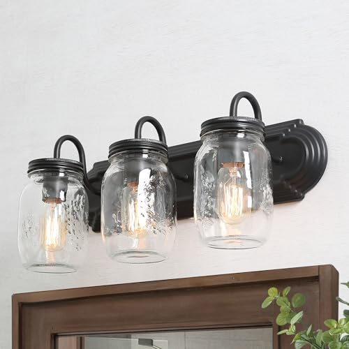 Image of LOG BARN Bathroom Wall Light Fixtures, 3-Light Black Farmhouse Mason Jar Vanity Light Over Mirror for Hallway, Bedroom, Kitchen, and Living Room