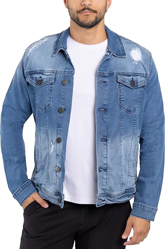 X RAY Mens Denim Jacket, Washed Ripped Distressed Flex Stretch Casual Trucker Biker Jeans Jacket for Men, Medium Blue - Ripped, Medium