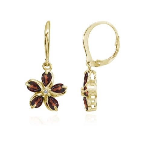 Sterling Silver Garnet Polished Flower Dangle Leverback Earrings, Metal, Garnet Cover