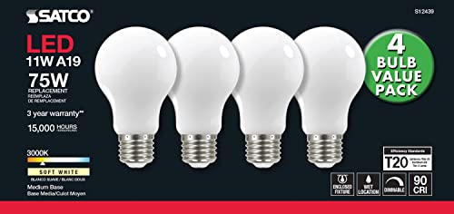 Image of Satco S12439, A19 LED Light Bulbs, 75W Replacement, 3000K, 4-Pack, LED Lamp | Dimmable, 320 beam spread, E26 medium base, 15,000-hour life, Warm white illumination
