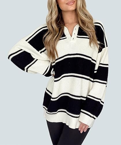 Image of Women Striped Button V Neck Collared Oversized Knitted Long Sleeve Pullover Sweater Tops White