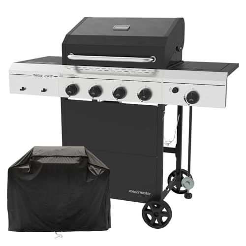 Image of Megamaster 4-Burner Gas Grill with Side Burner & Grill Cover, 52,000 BTUs, 568 SQ. In. Cooking Area, Propane BBQ Grill with Stainless Steel Panel for Outdoor Cooking, Patios, and More - 720-0804HK