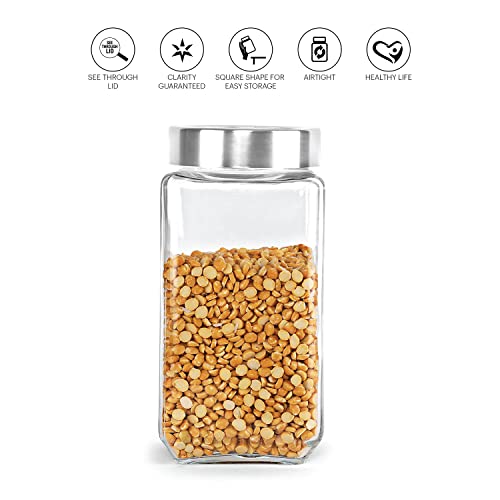 Image of CELLO Qube Fresh Glass Storage Jar | Container with Air tight Silver Metal Lid | Multipurpose Jar | For Storage of Food, Pulses, Spice, Cereals, Cookies, Dry Food | 1000ml, Clear (Pack of 2)