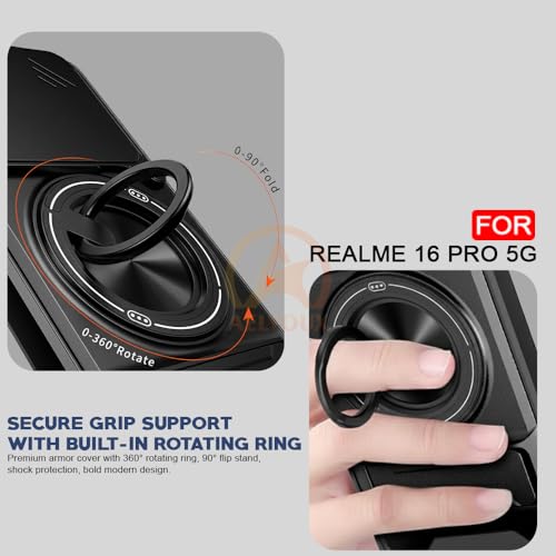 Image of Realme 16 Pro 5G Back Cover | Armor Camera Slider 360 Degree Rotating Finger Ring Holder Case with Bracket Stand Back Case Cover (Compatible with MagSafe Accessories) (Black)