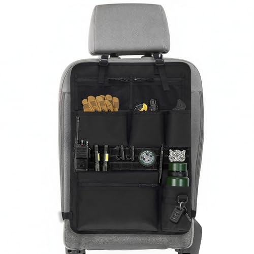 Vanlutone Tactical Car Seat Organizer with Multiple Pockets, MOLLE Panel System & Mesh Compartments, Durable Nylon Universal Vehicle Backseat Storage with Cup Holder, Water-Resistant (Black)