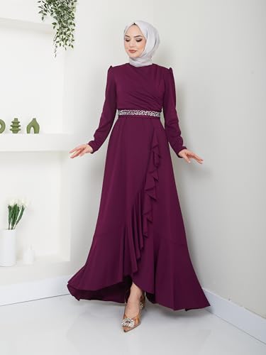 Hijab Evening Dress with Flounce Skirt and Stone Belt 24972