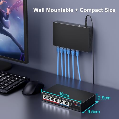 Image of 10Gb Ethernet Switch with 4 x 2.5GbE + 2 x 10GbE RJ45 Ports, VunLink 6 Port 10G /2.5G Multi-Gigabit Unmanaged Network Switch, Plug and Play, Fanless, Desktop /Wall-Mount, for Wireless AP, NAS, PC, Home