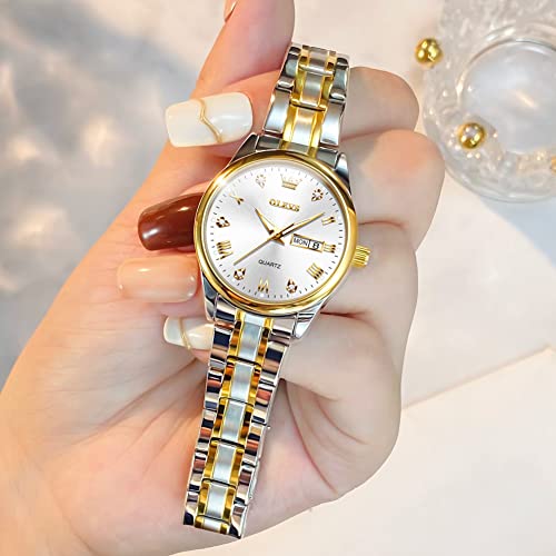 OLEVS Luxury Ladies Watches,Women's Watch with Day and Date,Female Watch for Small Wrist,Gold Stainless Steel Watches for Women,Easy Read Ladies Wrist Watches Waterproof（Adjustable Strap