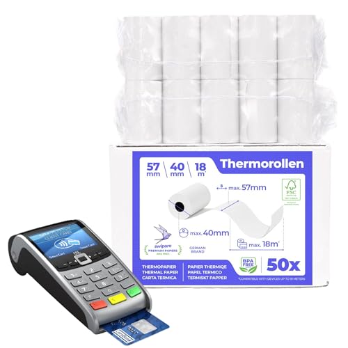 SWIPARO® - Rollos Papel Datafono Térmico 57x40x12mm para todos los TPV y las impresora térmica - Rollo papel térmico 57mm x 40mm x 18m - Ideal para máquinas de tarjetas de Crédito - Papel TPV [50x]