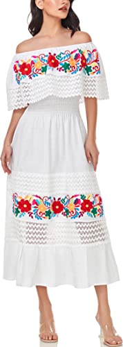 Image of YZXDORWJ Women Embroidered Mexican Peasant Casual Sexy Lace Off-Shoulder Long Dress