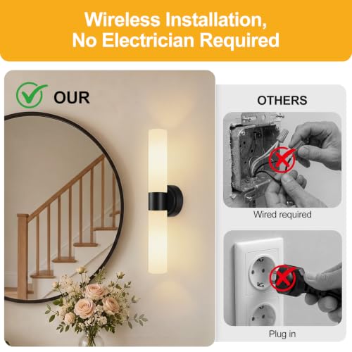 Image of Rechargeable Wall Sconces Set of Two, Modern Matte Battery Operated Wall Light Fixtures with Remote Control, Dimmable Wireless Wall Sconces with Milky Glass for Bathroom Mirror Bedroom Living Room