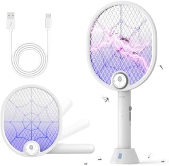 Buzbug Electric Fly Swatter, Type-C Rechargeable Bug Zapper Racket with Charging Base, Foldable Bug Zapper for Indoor and Outdoor, Mosquito Swatter with Blue-Purple Working Light