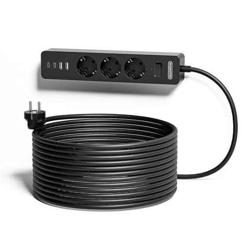NTONPOWER 3 Fach Mehrfachsteckdose 5 Meter mit USB C, Steckdosenleiste Überspannschutz Verteilersteckdose mit Schalter, Langes Verlängerungskabel Kindersicherung, Schwarz