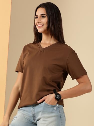Image of Women's Pure Cotton Relaxed Fit V-Neck Half Sleeve T-Shirt | Gym Wear Casual Look T-Shirt | Regular Fitting with Comfort Wear for Women