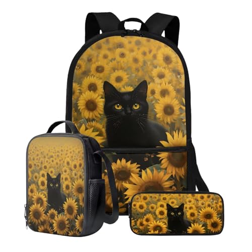Xoenoiee Black Cat Sunflower Pattern 3Pcs Bookbag+Lunch Box+Pencil Bag for Students 17in Large School Bag Backpack Set for Boys Girls Back To School