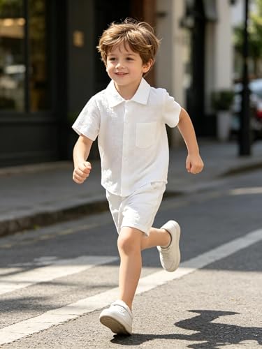 Image of Boys 6 Pieces Summer Beach Outfits Short Sleeve Button Down Shirts and Shorts Vacation Texture Sets for Kids