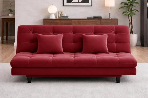 Image of Rosebell Modern Three-Seater Sofa Cum Bed Foldable Velevt Fabric Sofa,Foam Seating, Stylish Design for Living Room, Guest Room & Office - Red Color