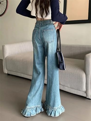 Dawery Flare Jeans Women Baggy Washed Vintage Streetwear Full Length Tender High Waist Retro Denim Trousers4