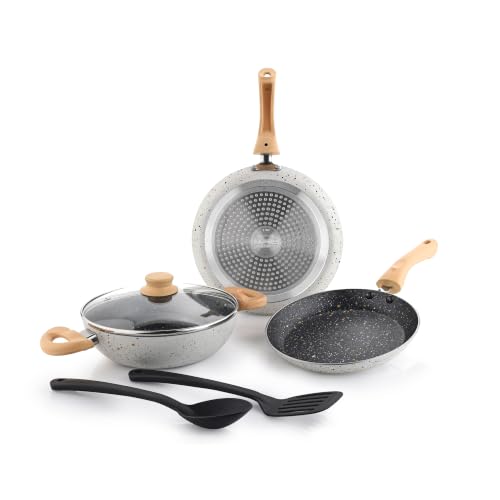 Image of Crystal Aluminum 6 Pcs Non Stick Cookware Set with Induction Bottom | Tawa, Fry Pan, Kadhai with Lid, Laddle & Spatula | Durable 4 Layer Non Stick Coating | PFOA Free | White