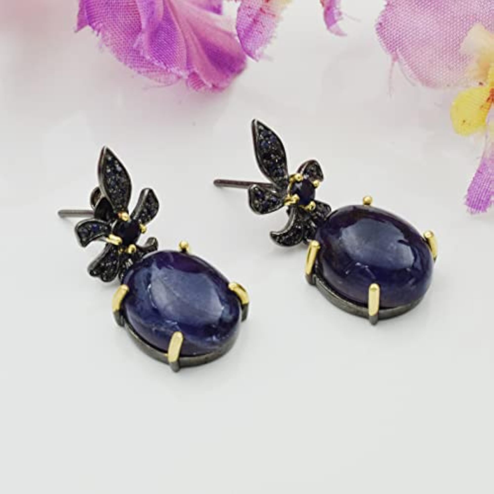 Women's Authentic Iolite & Blue Sapphire 925 Sterling Silver Stud Earrings